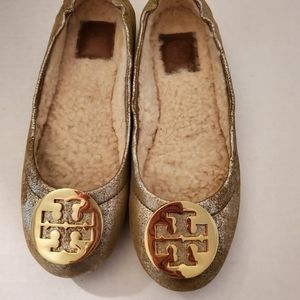 Tory Burch Minnie Leather Shearling Ballet Flats